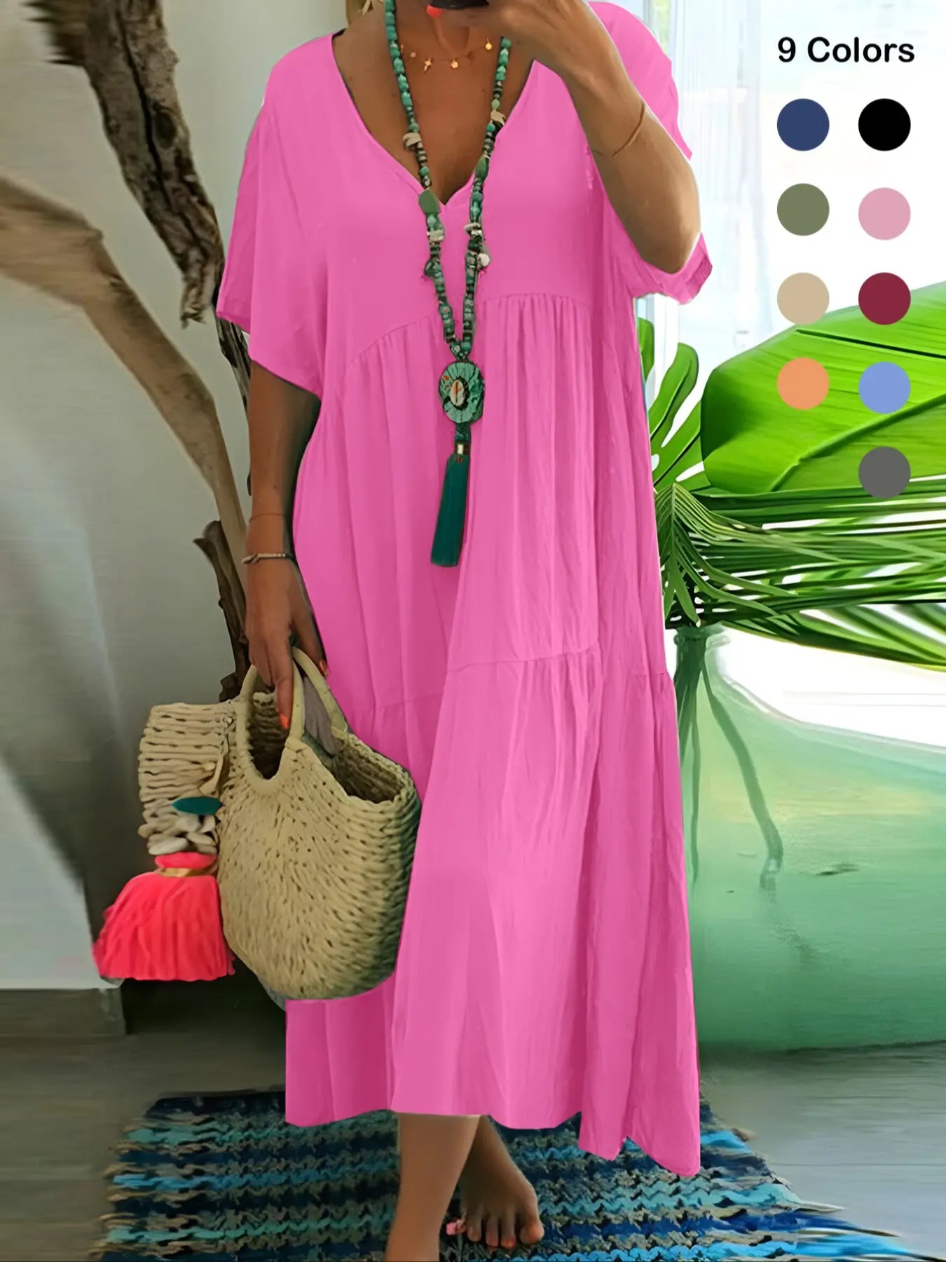 Plus Size Women'S Summer Casual Loose V-Neck Plain Long Dress, Boho Style, Short Sleeve, Tiered Layer, Spring & Fall Fashion