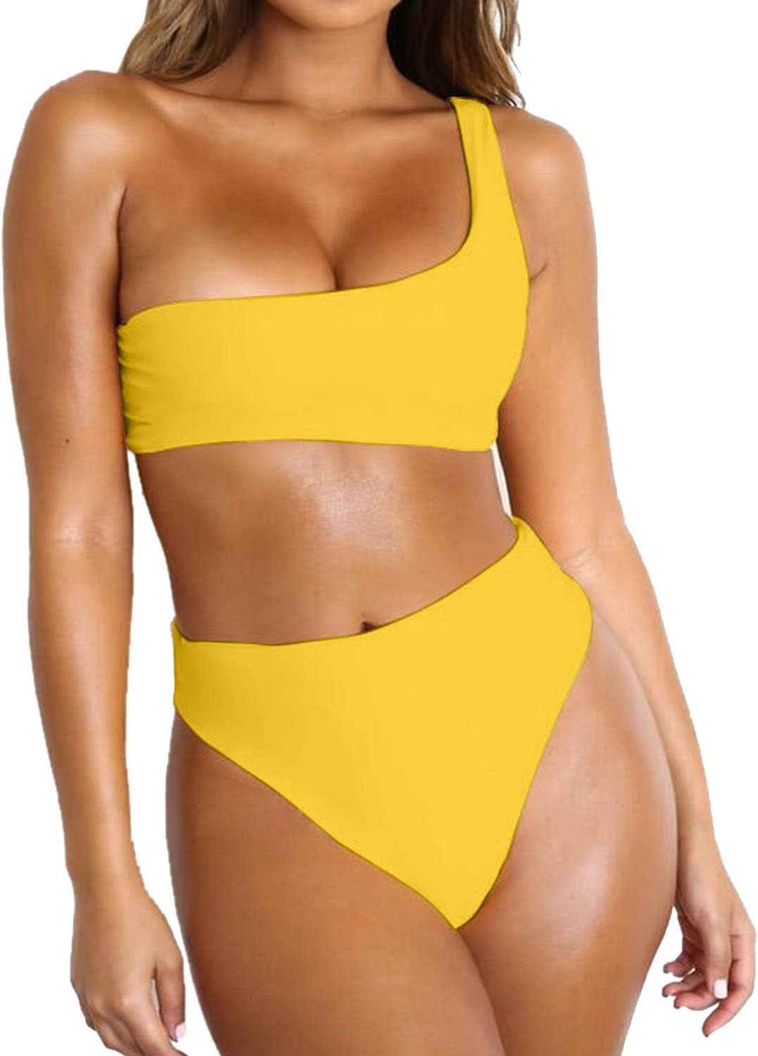 Womens Bikini One Shoulder Top with High Waisted Bottom Two Piece Swimsuits
