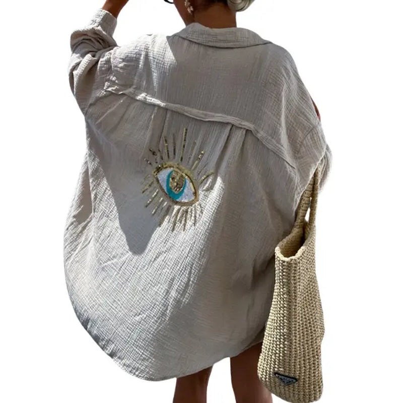 Oversized Sequin Evil Eye Shirts Long Sleeve Linen Button down Shirt Women Beach Cover Ups Summer
