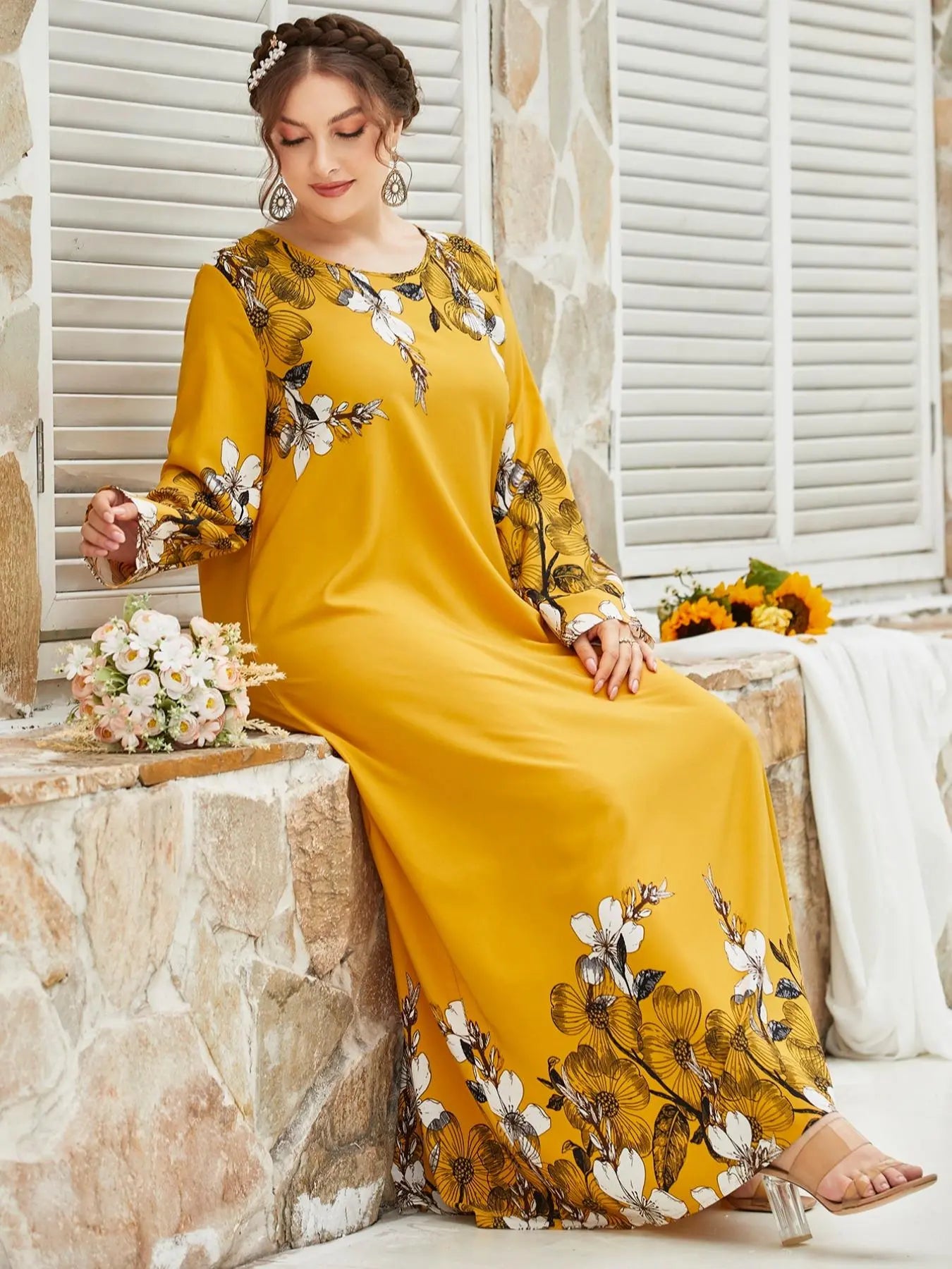 Women'S plus Size Floral Print Long Sleeve round Neck Tunic Dress, Casual Loose Long Dress for Daily Wear, Ladies Fashion Clothes for Autumn