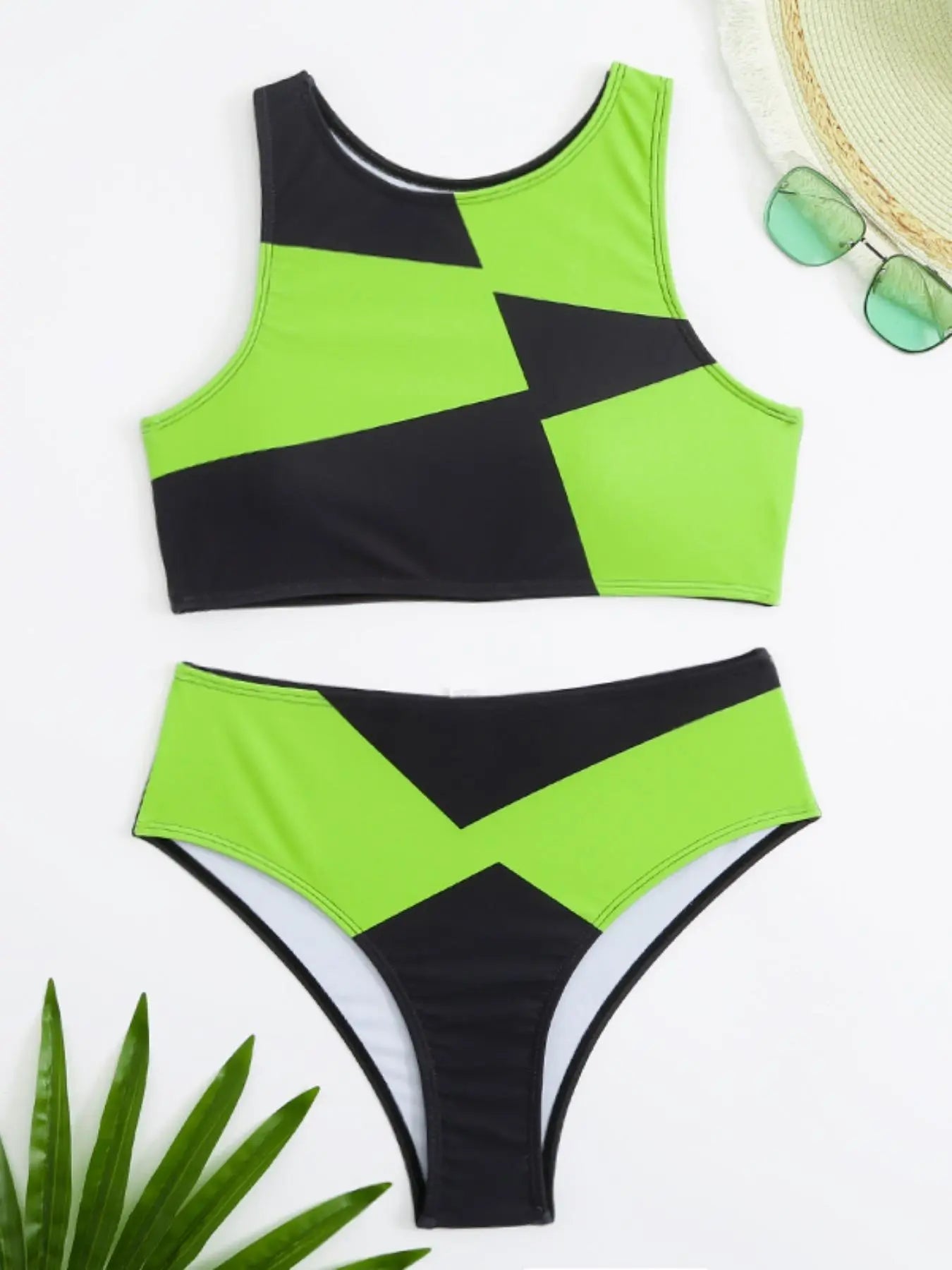 Women'S 2Pcs Colorblock Print Tankini, Summer Clothes Women, Printed Sleeveless round Neck Swim Top & High Cut Swim Bottom Two-Piece Swimsuit, Women'S Swimwear for Summer Beach