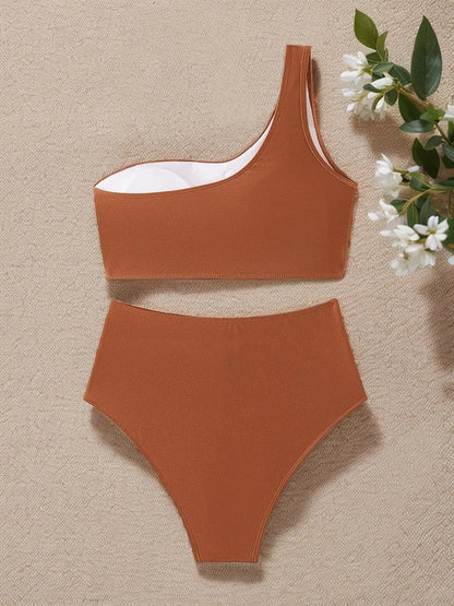2 Counts Women'S One Shoulder Back to School Crop Tank Top & High Waist Panty Bikini Sets, Solid Ruched Sleeveless Top & Swim Bottom, Swimsuit for Women, Summer Outfits, Women'S Swimwear