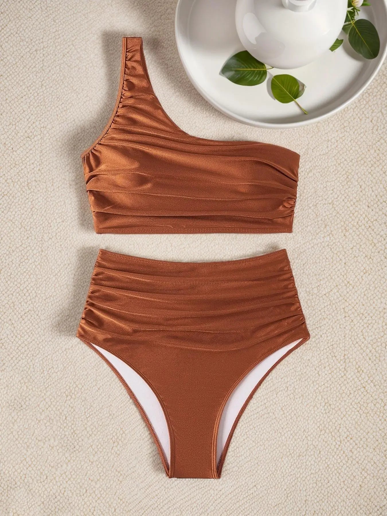 2 Counts Women'S One Shoulder Back to School Crop Tank Top & High Waist Panty Bikini Sets, Solid Ruched Sleeveless Top & Swim Bottom, Swimsuit for Women, Summer Outfits, Women'S Swimwear
