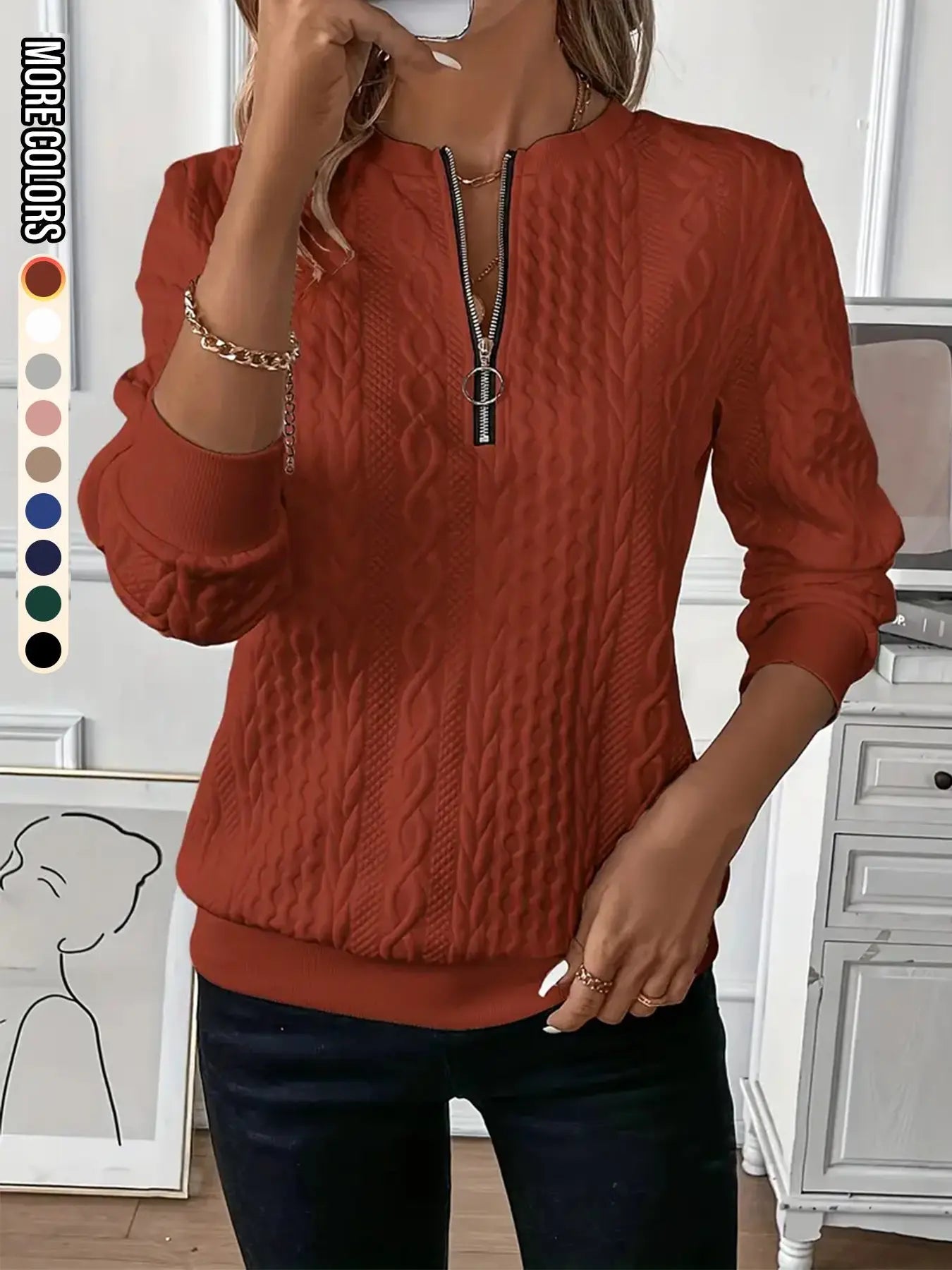 Women'S Plain Textured Half Zip up Sweatshirt, Casual Long Sleeve round Neck Pullover for Fall & Winter, Ladies Clothes for Daily Wear