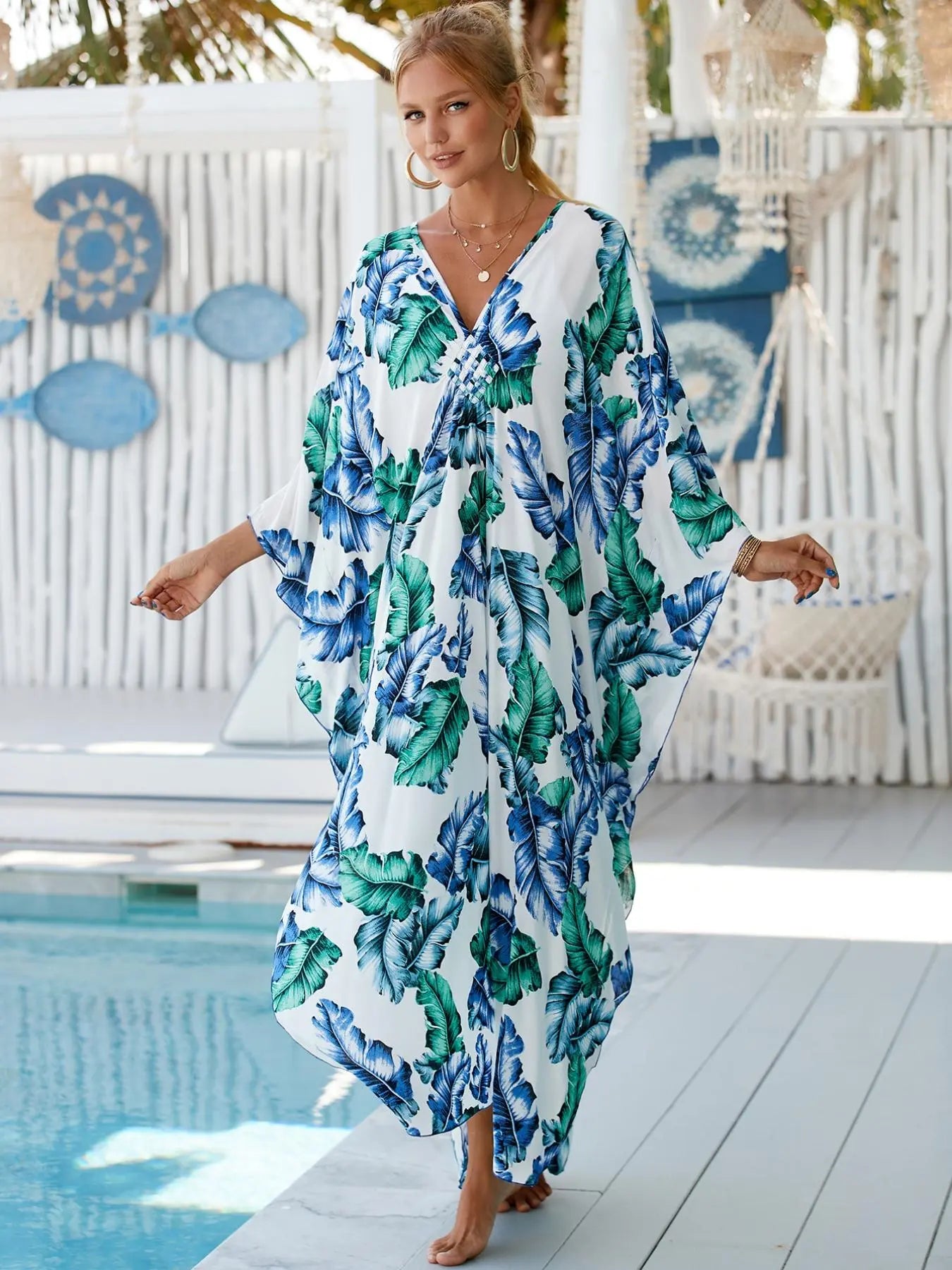 Women'S Leaf Print Batwing Sleeve Split Hem Kimono, Boho Casual Long Sleeve V Neck Kimono for Spring & Fall, Women'S Clothing for Beach Holiday Vacation, Beach Cover Up, Swimsuit Cover Up
