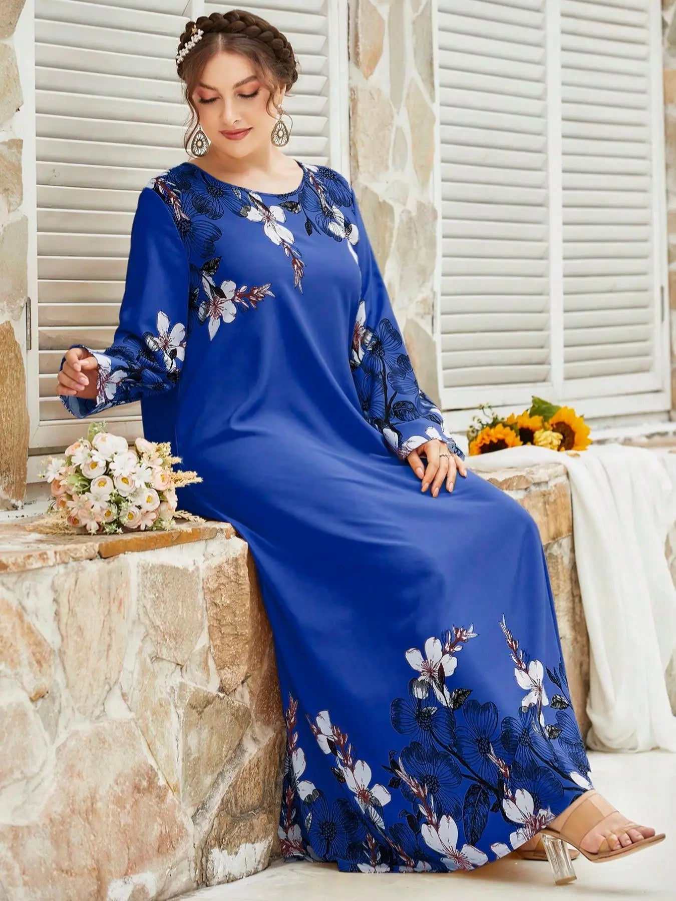 Women'S plus Size Floral Print Long Sleeve round Neck Tunic Dress, Casual Loose Long Dress for Daily Wear, Ladies Fashion Clothes for Autumn