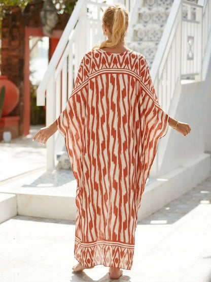 Women'S Leaf Print Batwing Sleeve Split Hem Kimono, Boho Casual Long Sleeve V Neck Kimono for Spring & Fall, Women'S Clothing for Beach Holiday Vacation, Beach Cover Up, Swimsuit Cover Up