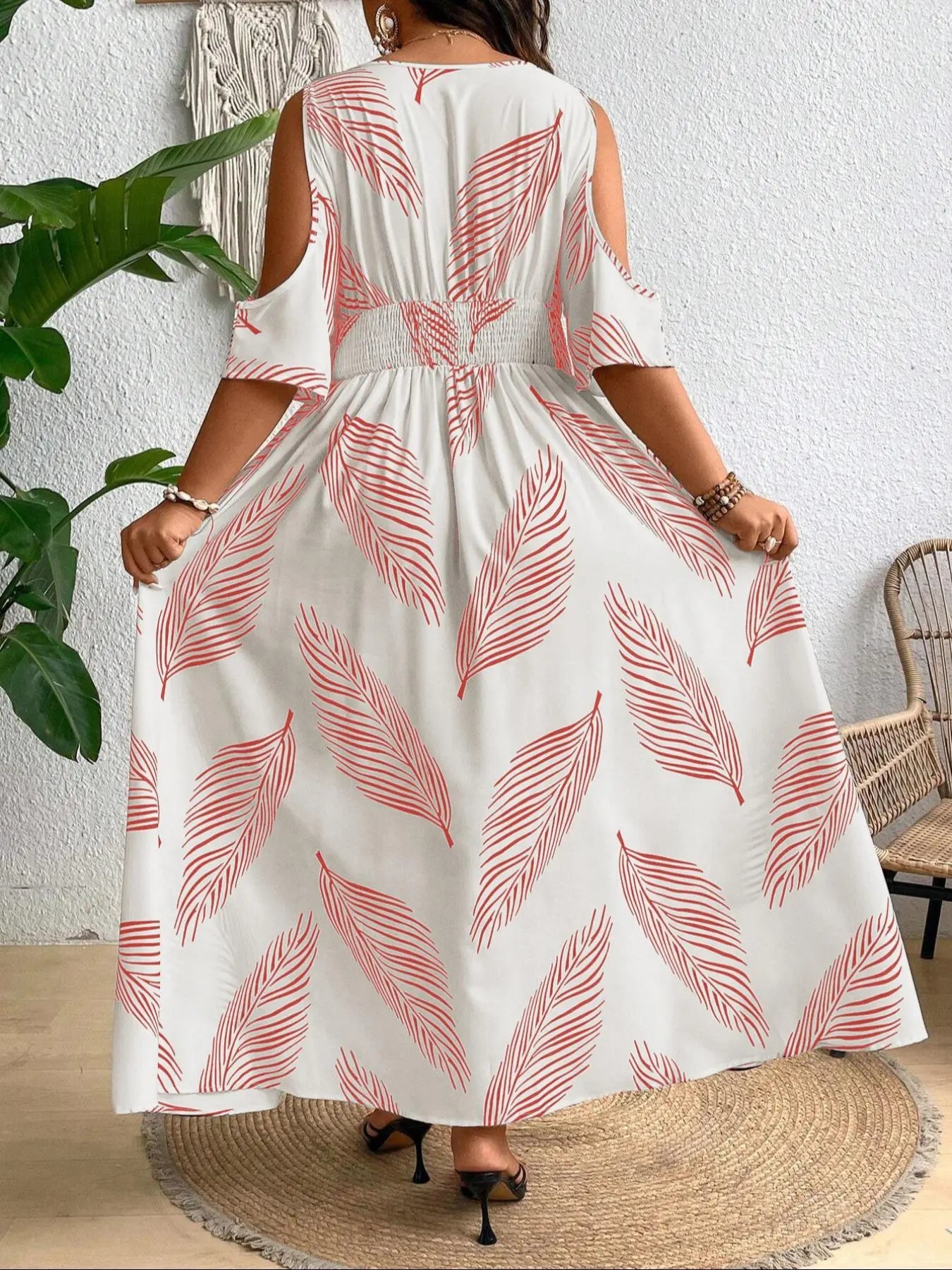 【Plus Size】 All over Print Split Hem Dress, Casual Cold Shoulder Boho Dress for Summer, Women'S Clothes for Daily Wear
