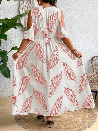 【Plus Size】 All over Print Split Hem Dress, Casual Cold Shoulder Boho Dress for Summer, Women'S Clothes for Daily Wear
