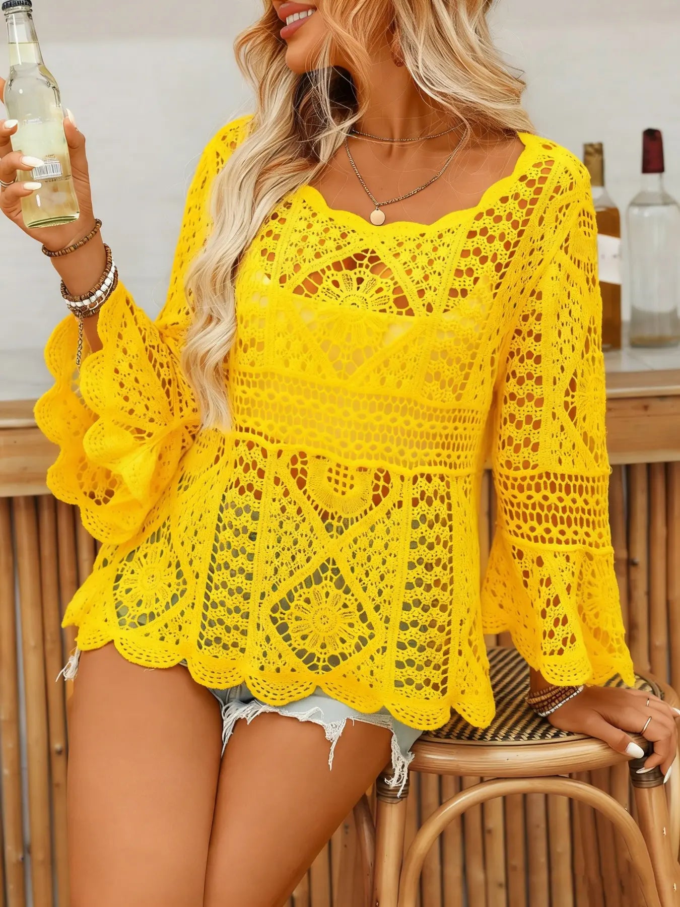 Boho Style Women'S Hollow Out Knit Cardigan, Long Sleeve round Neck, Beach Vacation Travel Casual Wear, Elegant All-Season Outerwear