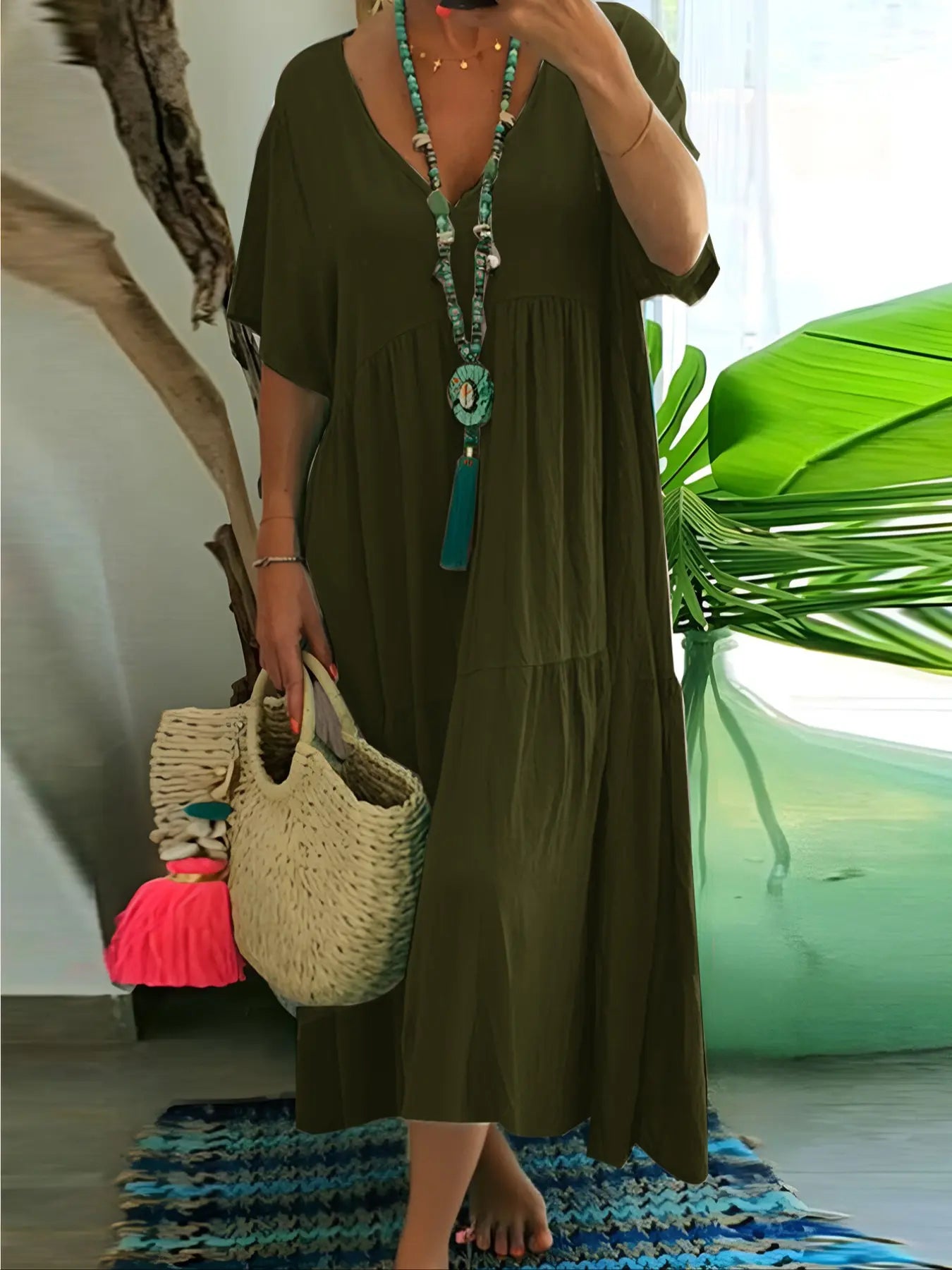 Plus Size Women'S Summer Casual Loose V-Neck Plain Long Dress, Boho Style, Short Sleeve, Tiered Layer, Spring & Fall Fashion