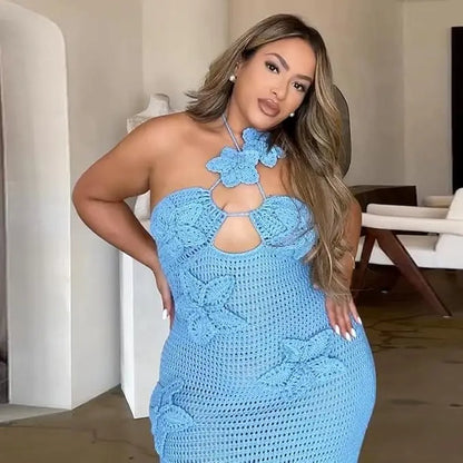Women'S Blue Halter Knit Dress 3D Flower Knitted Hollow Out Beach Dress Blackless Open Back Swimsuit Cover up Holiday Party Dress