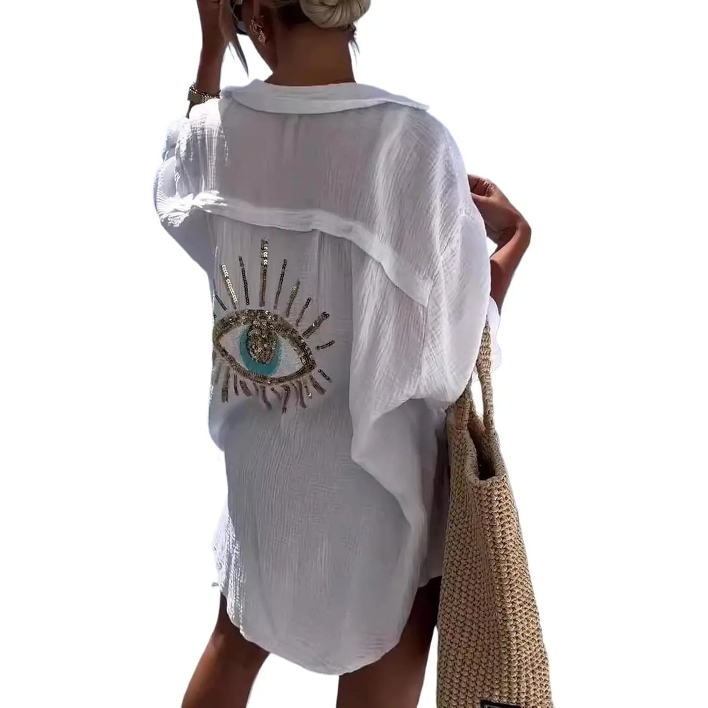 Oversized Sequin Evil Eye Shirts Long Sleeve Linen Button down Shirt Women Beach Cover Ups Summer