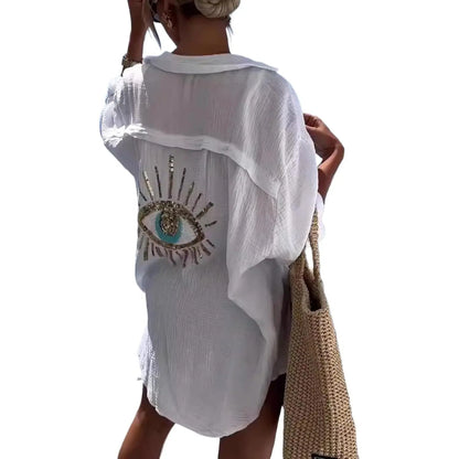 Oversized Sequin Evil Eye Shirts Long Sleeve Linen Button down Shirt Women Beach Cover Ups Summer