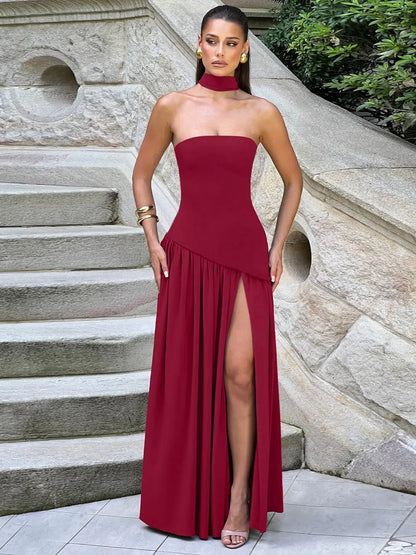 Women'S Plain Split Thigh Tube Dress with Scarf, Elegant Strapless Sleeveless Dress for Party Club Beach Vacation, Ladies Clothes for All Seasons Womenswear