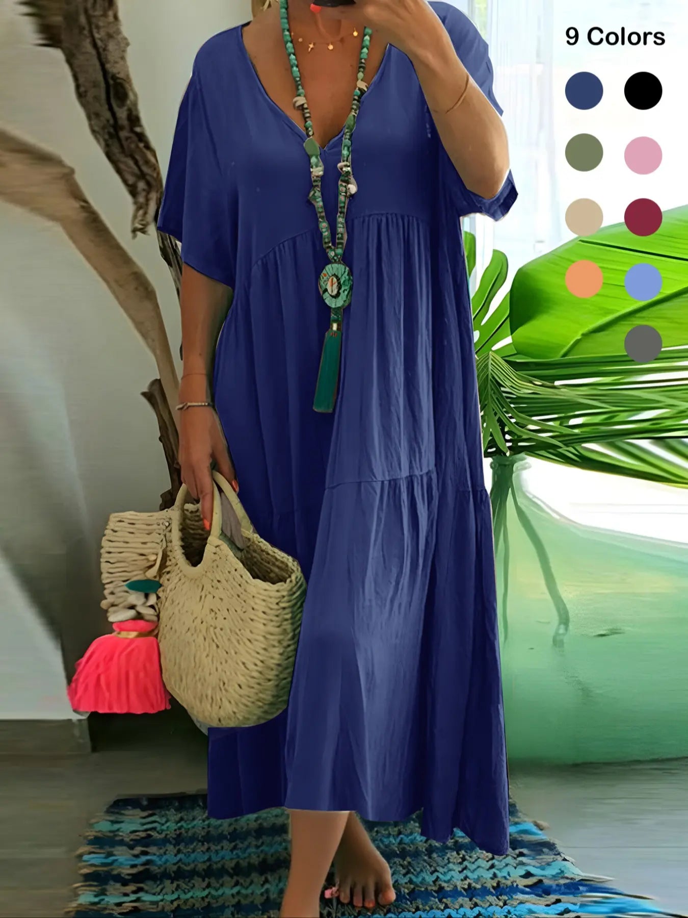 Plus Size Women'S Summer Casual Loose V-Neck Plain Long Dress, Boho Style, Short Sleeve, Tiered Layer, Spring & Fall Fashion