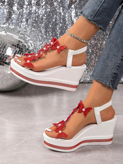 Women'S Fashionable Rhinestone Butterfly Wedge Sandals, Elegant Slip-On Sandals for Parties and Everyday Wear Footwear Classy Sandal