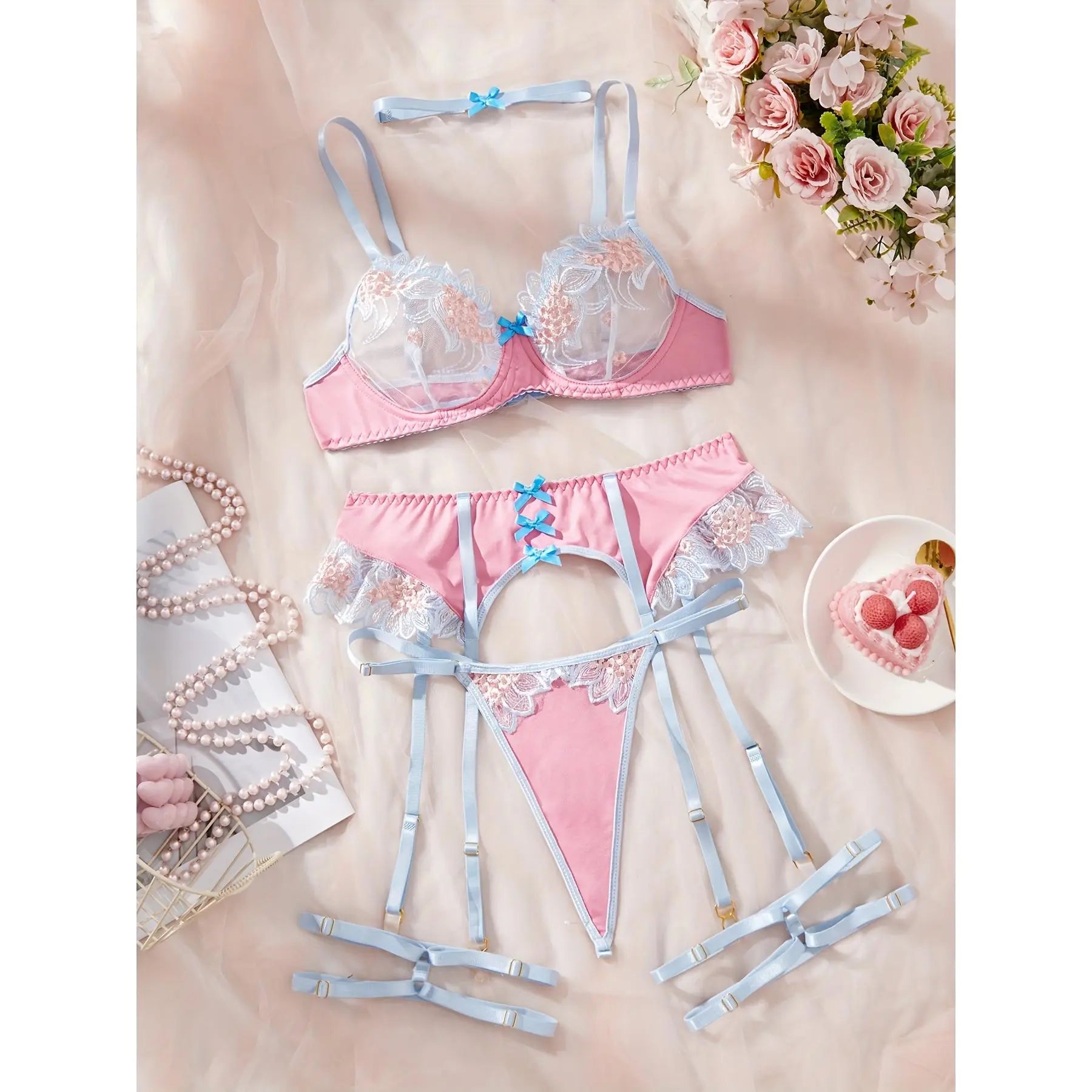 Women'S Sexy Sheer Satin Tulle Lingerie Set - Floral Embroidery, V-Neck Backless Bra with Underwire - Perfect for a Romantic Night Lace Contrast