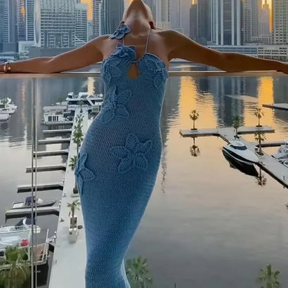 Women'S Blue Halter Knit Dress 3D Flower Knitted Hollow Out Beach Dress Blackless Open Back Swimsuit Cover up Holiday Party Dress