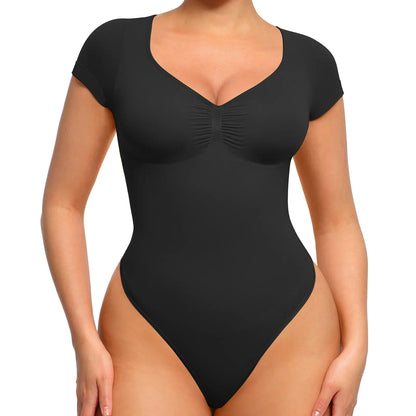 Feelingirl #LIVE Women'S Short Sleeve Bodysuit for Tummy Control V Neck Seamless Body Suits Thong Going Out Tops
