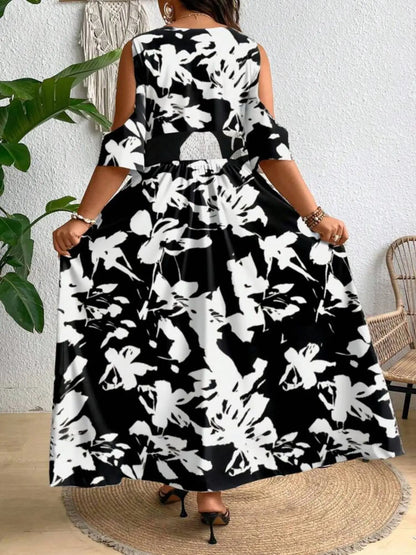 【Plus Size】 All over Print Split Hem Dress, Casual Cold Shoulder Boho Dress for Summer, Women'S Clothes for Daily Wear