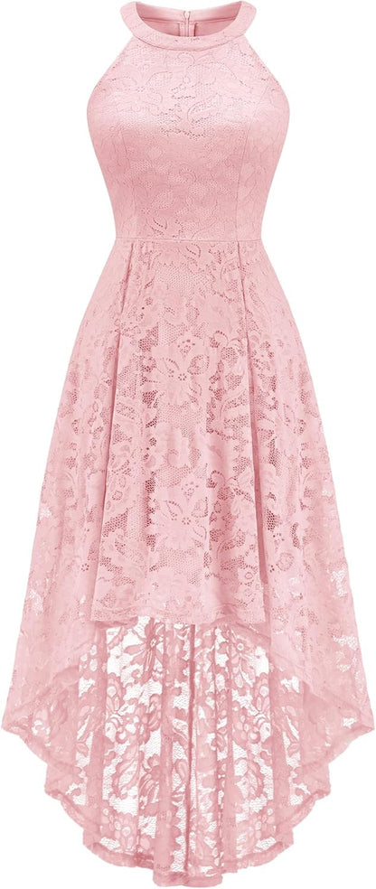 Women Halter Lace Wedding Guest Dress Hi-Lo Cocktail Party Bridesmaid Formal Dresses