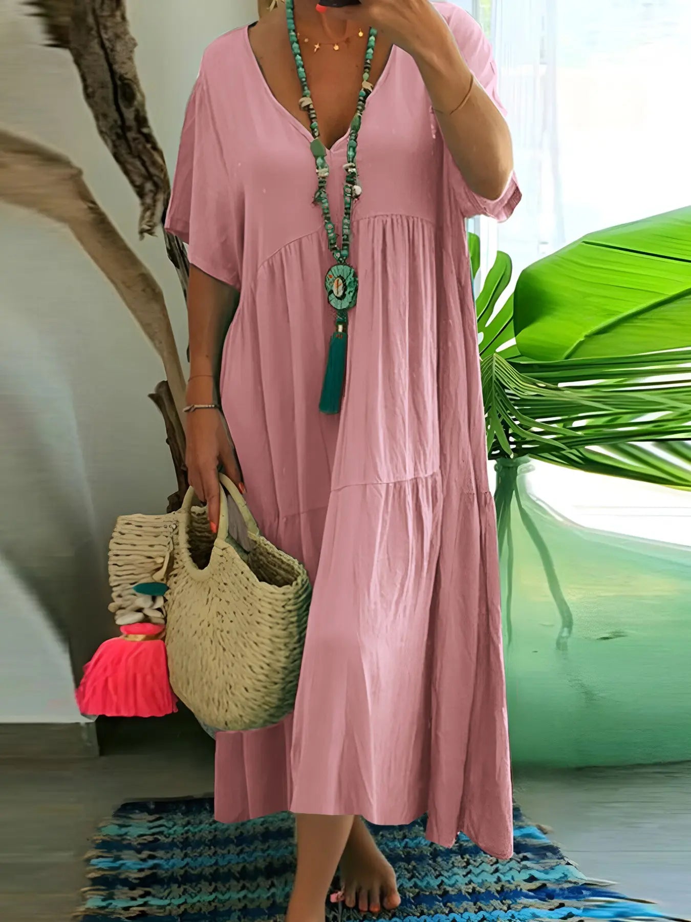 Plus Size Women'S Summer Casual Loose V-Neck Plain Long Dress, Boho Style, Short Sleeve, Tiered Layer, Spring & Fall Fashion