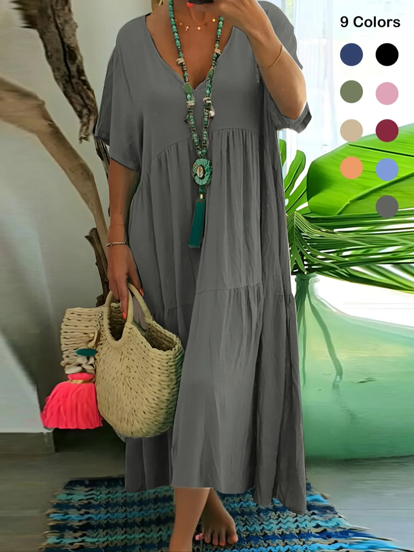 Plus Size Women'S Summer Casual Loose V-Neck Plain Long Dress, Boho Style, Short Sleeve, Tiered Layer, Spring & Fall Fashion