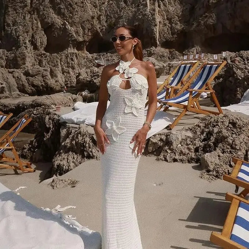 Women'S Blue Halter Knit Dress 3D Flower Knitted Hollow Out Beach Dress Blackless Open Back Swimsuit Cover up Holiday Party Dress
