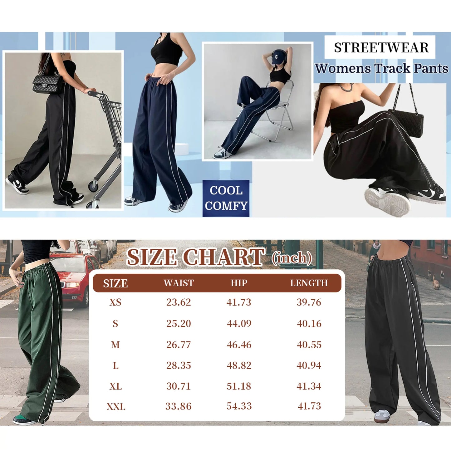 Ommig Women's Y2K Wide Leg Parachute Pants with Elastic Waist - Casual Baggy Trousers