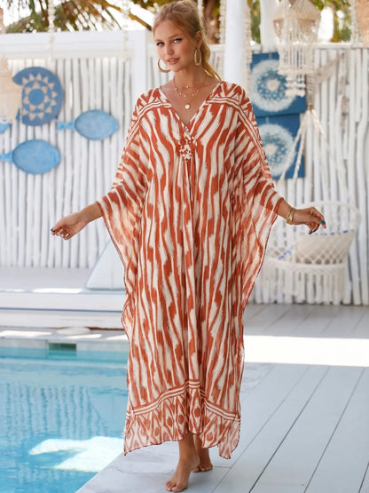 Women'S Leaf Print Batwing Sleeve Split Hem Kimono, Boho Casual Long Sleeve V Neck Kimono for Spring & Fall, Women'S Clothing for Beach Holiday Vacation, Beach Cover Up, Swimsuit Cover Up