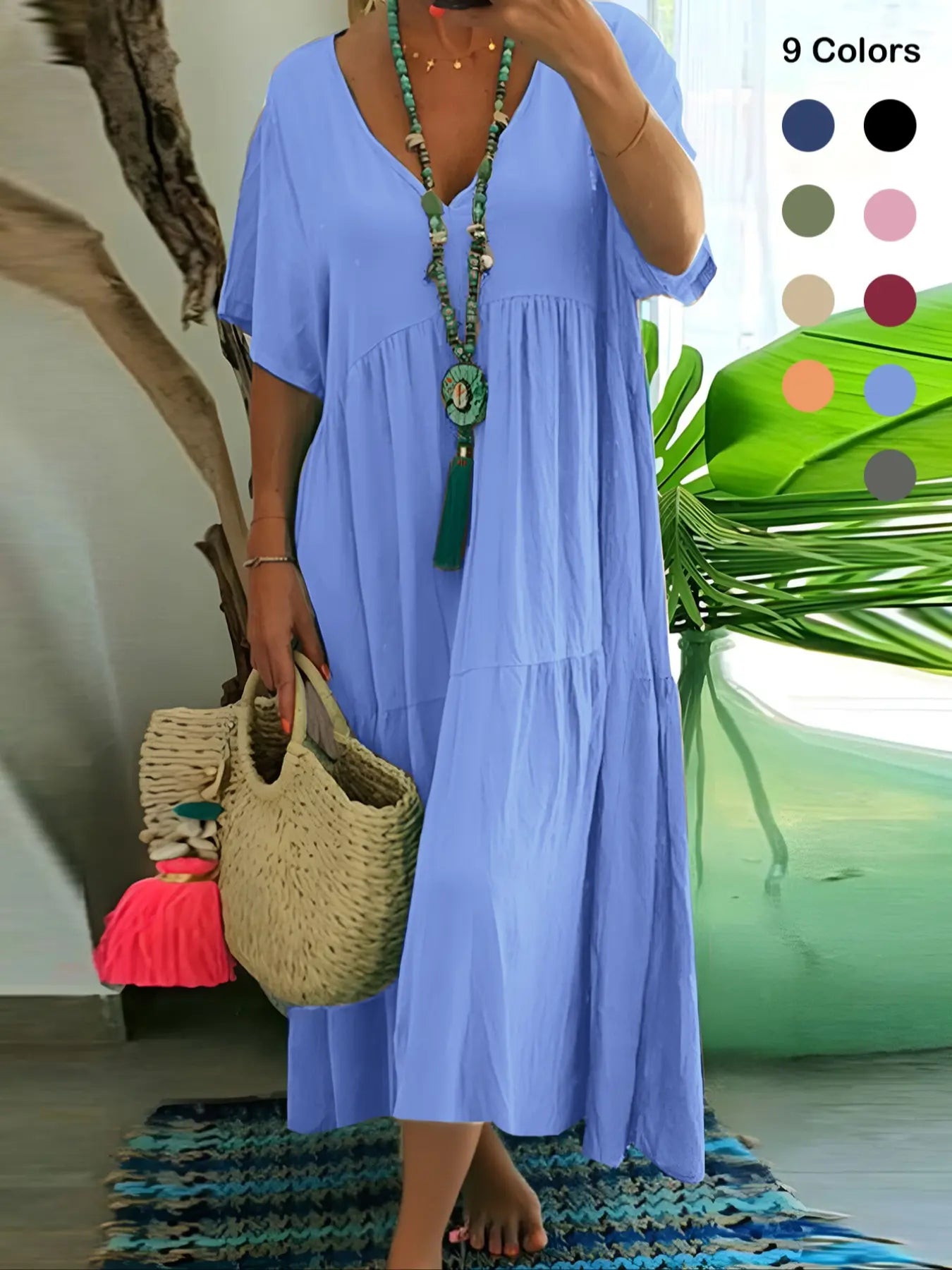 Plus Size Women'S Summer Casual Loose V-Neck Plain Long Dress, Boho Style, Short Sleeve, Tiered Layer, Spring & Fall Fashion