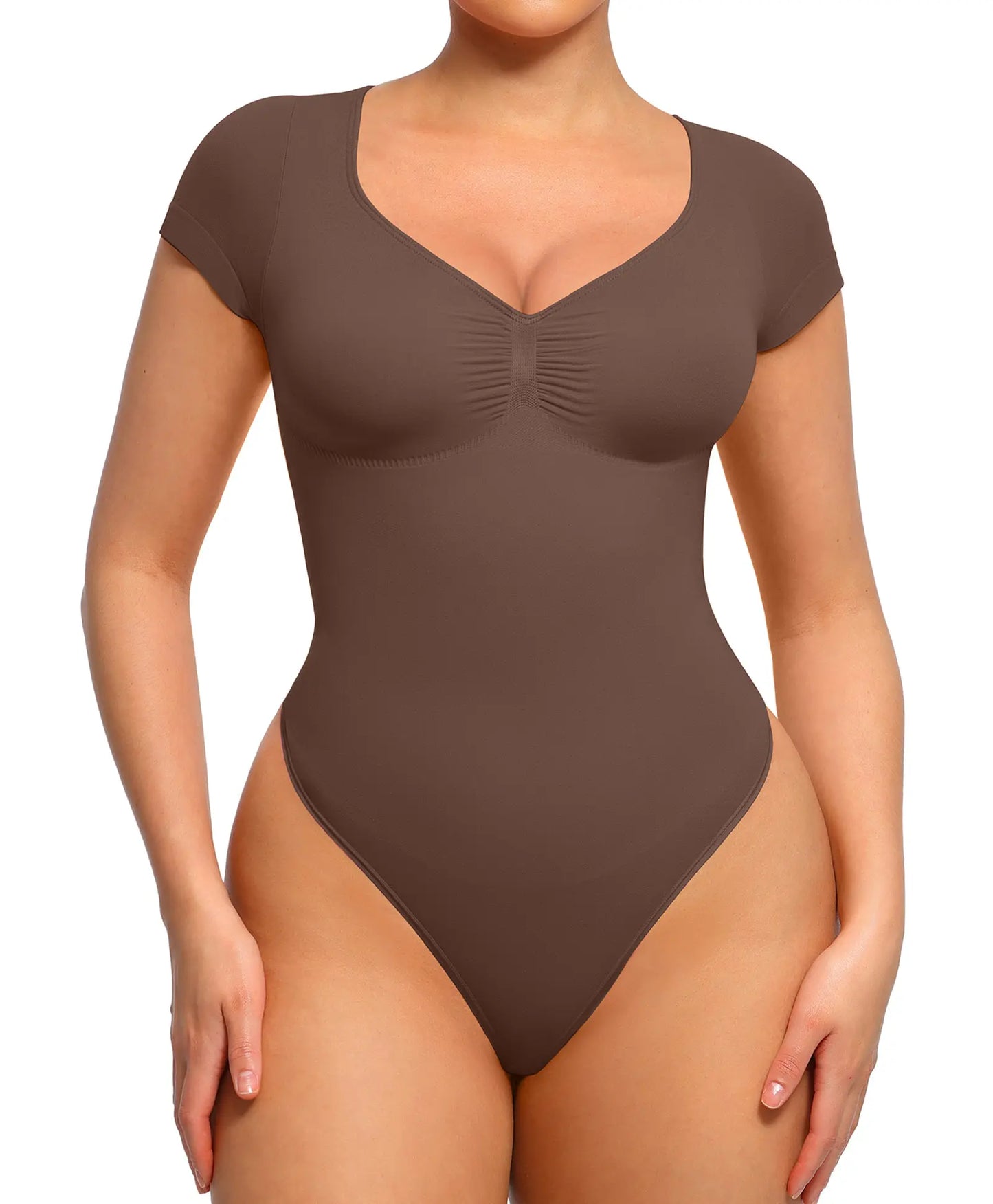 Feelingirl #LIVE Women'S Short Sleeve Bodysuit for Tummy Control V Neck Seamless Body Suits Thong Going Out Tops