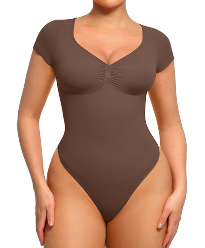 Feelingirl #LIVE Women'S Short Sleeve Bodysuit for Tummy Control V Neck Seamless Body Suits Thong Going Out Tops
