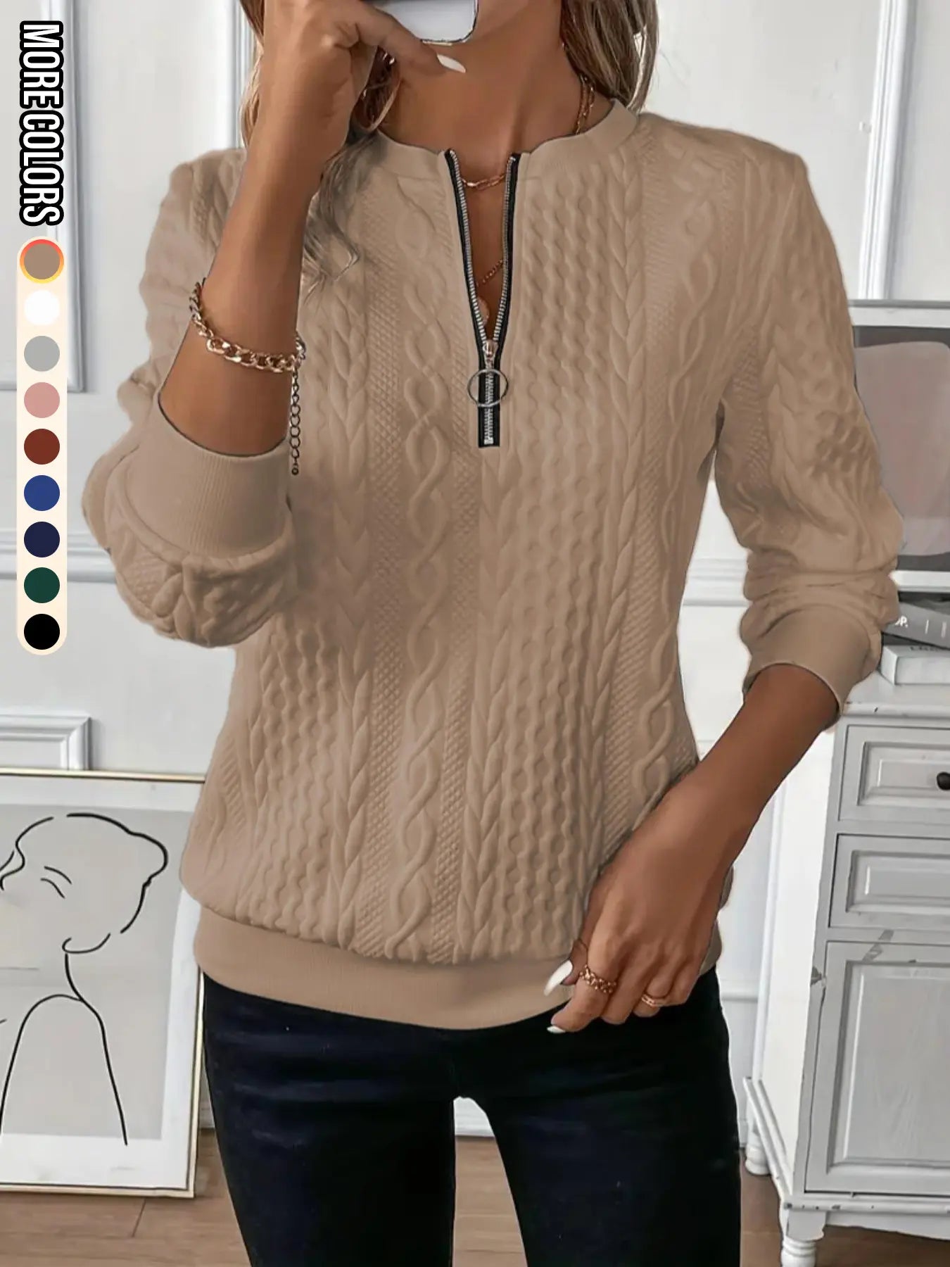 Women'S Plain Textured Half Zip up Sweatshirt, Casual Long Sleeve round Neck Pullover for Fall & Winter, Ladies Clothes for Daily Wear