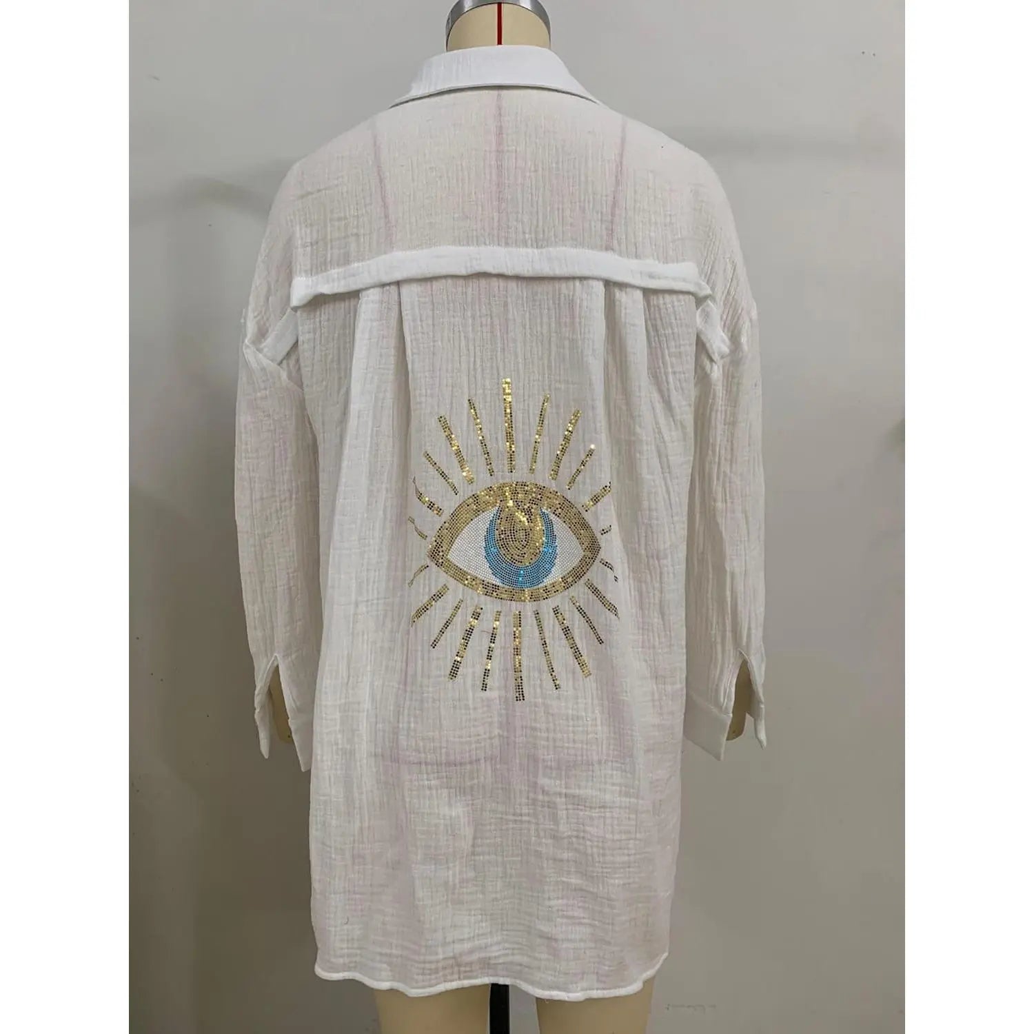 Oversized Sequin Evil Eye Shirts Long Sleeve Linen Button down Shirt Women Beach Cover Ups Summer