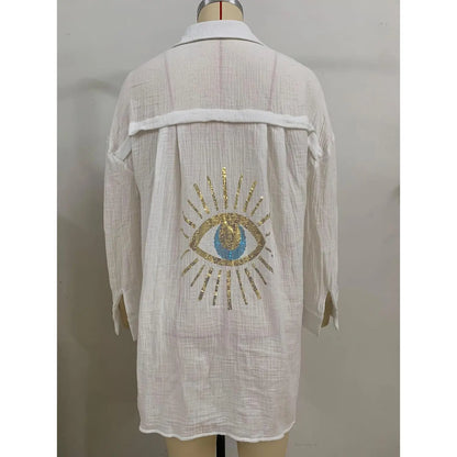 Oversized Sequin Evil Eye Shirts Long Sleeve Linen Button down Shirt Women Beach Cover Ups Summer