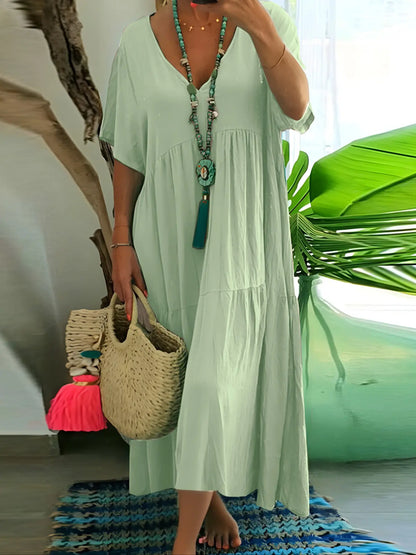 Plus Size Women'S Summer Casual Loose V-Neck Plain Long Dress, Boho Style, Short Sleeve, Tiered Layer, Spring & Fall Fashion