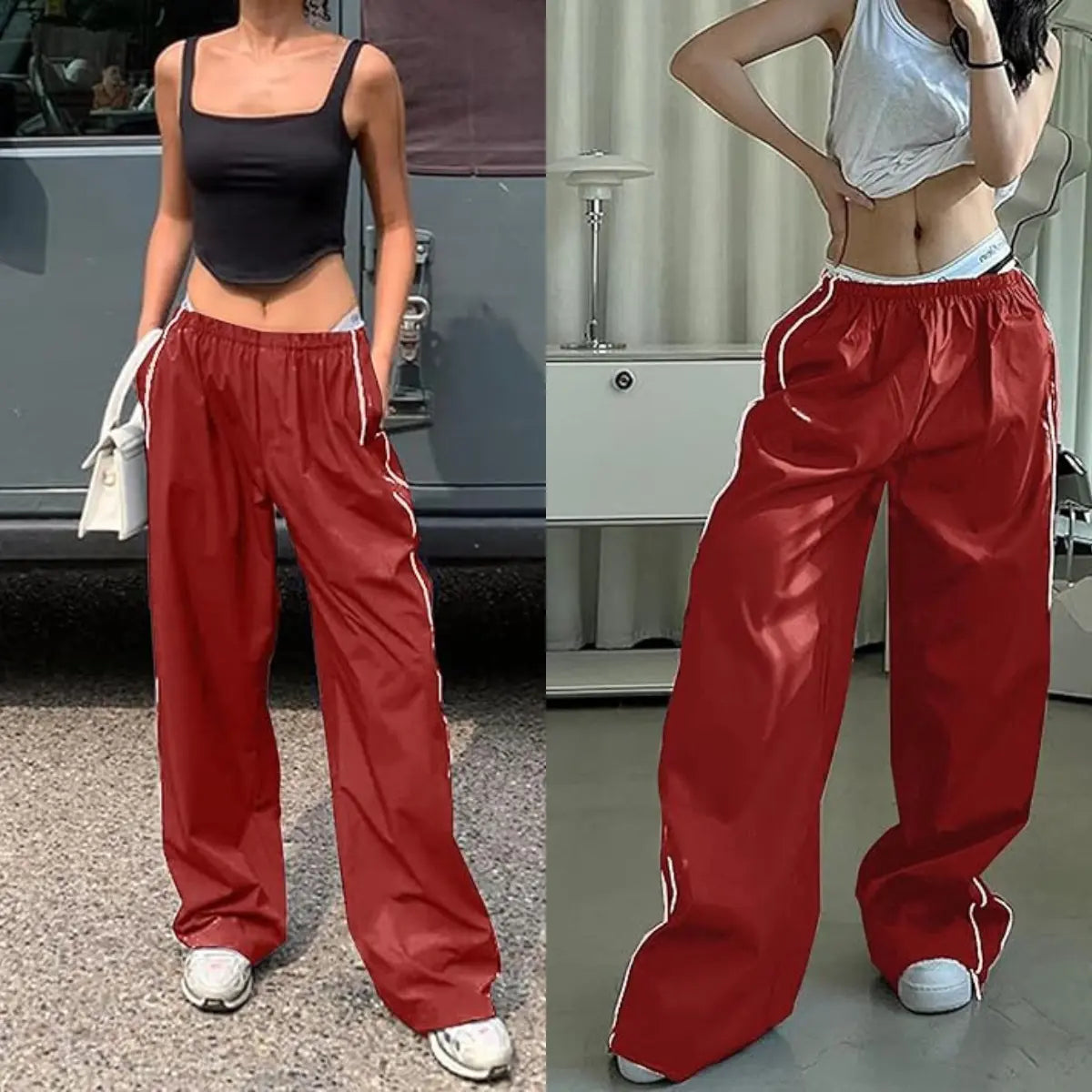 Ommig Women's Y2K Wide Leg Parachute Pants with Elastic Waist - Casual Baggy Trousers