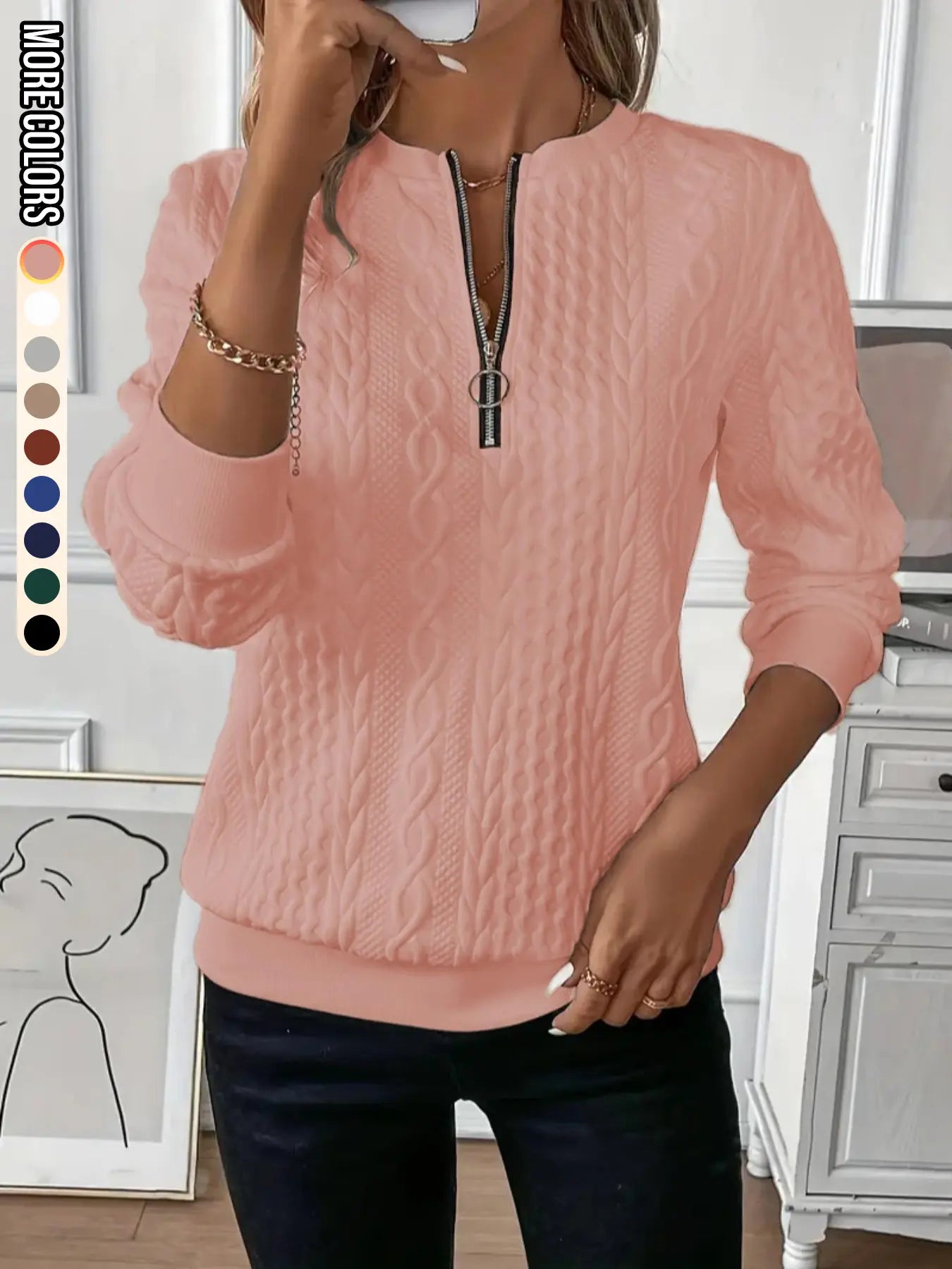 Women'S Plain Textured Half Zip up Sweatshirt, Casual Long Sleeve round Neck Pullover for Fall & Winter, Ladies Clothes for Daily Wear