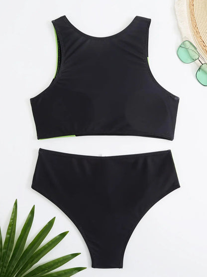 Women'S 2Pcs Colorblock Print Tankini, Summer Clothes Women, Printed Sleeveless round Neck Swim Top & High Cut Swim Bottom Two-Piece Swimsuit, Women'S Swimwear for Summer Beach