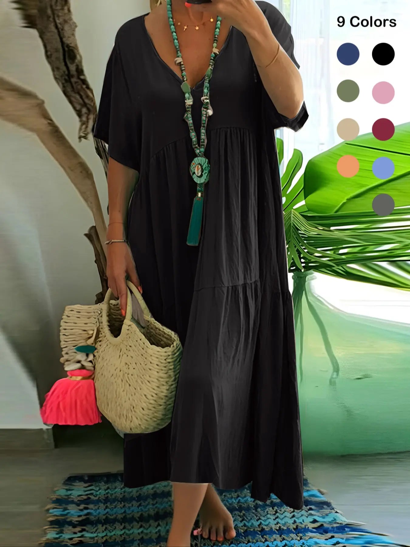 Plus Size Women'S Summer Casual Loose V-Neck Plain Long Dress, Boho Style, Short Sleeve, Tiered Layer, Spring & Fall Fashion