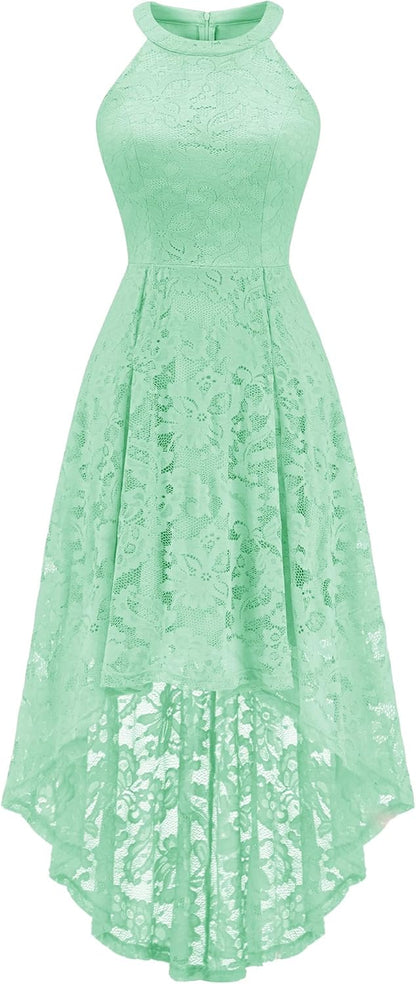 Women Halter Lace Wedding Guest Dress Hi-Lo Cocktail Party Bridesmaid Formal Dresses