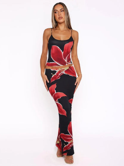Women'S Floral Print Knit Cami Top & Skirt Two-Piece Set, Womenswear Casual Sleeveless Top & Skirt for Summer, Ladies Clothes for Beach Holiday Vacation, Matching Clothing Set Women, Cute Summer Outfit