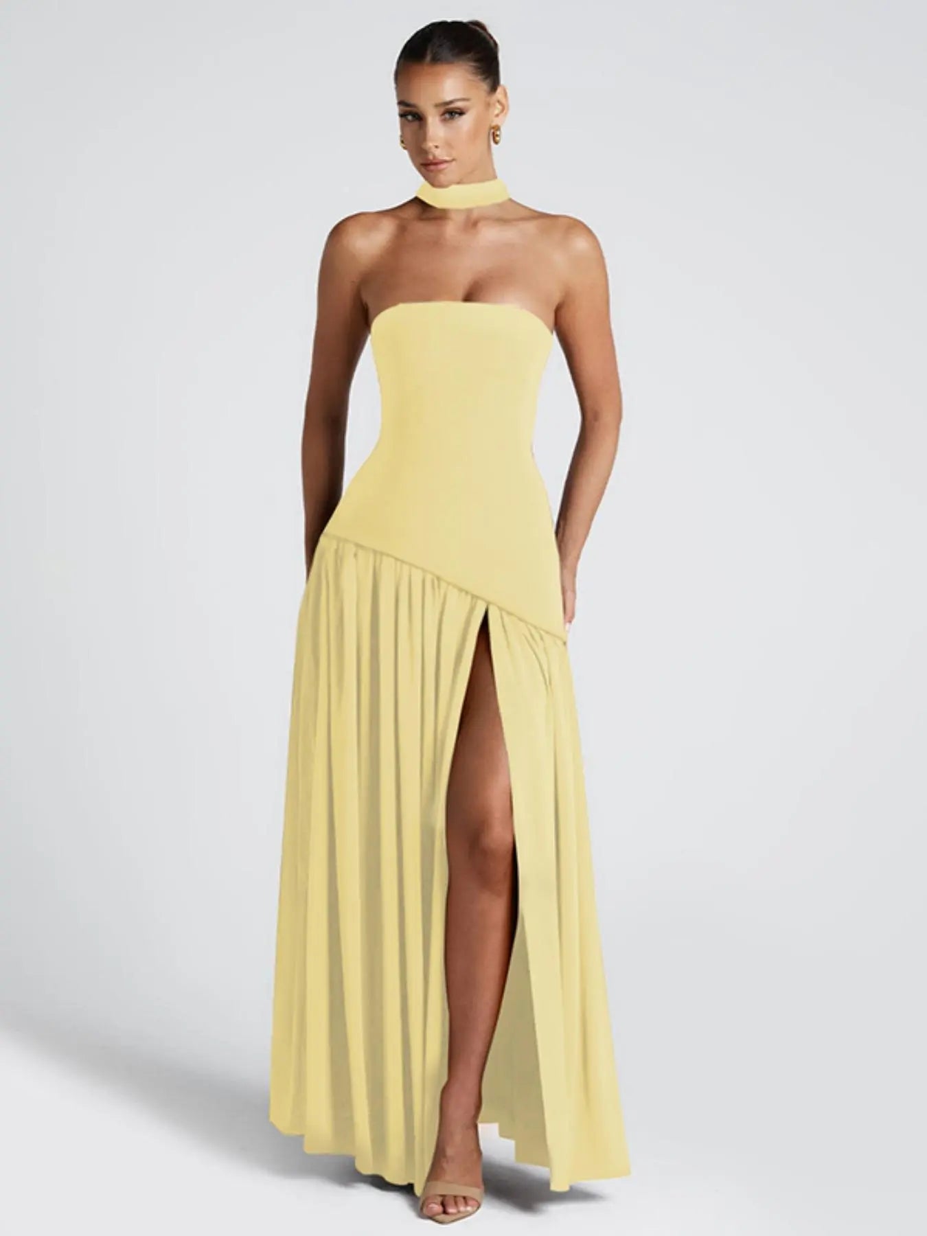 Women'S Plain Split Thigh Tube Dress with Scarf, Elegant Strapless Sleeveless Dress for Party Club Beach Vacation, Ladies Clothes for All Seasons Womenswear