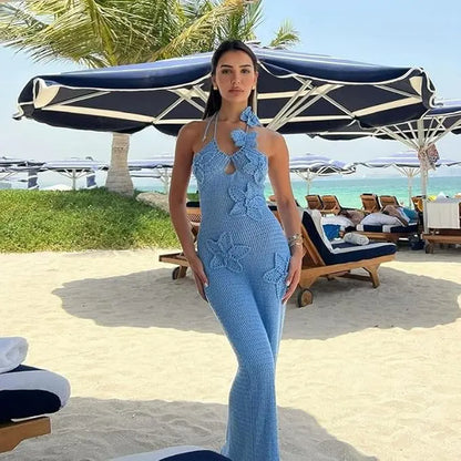 Women'S Blue Halter Knit Dress 3D Flower Knitted Hollow Out Beach Dress Blackless Open Back Swimsuit Cover up Holiday Party Dress