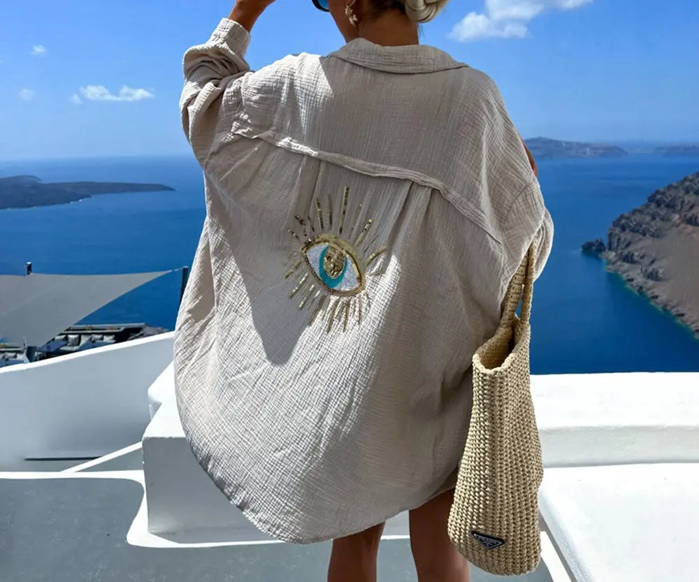 Oversized Sequin Evil Eye Shirts Long Sleeve Linen Button down Shirt Women Beach Cover Ups Summer
