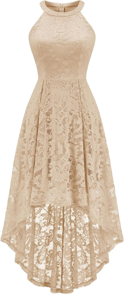 Women Halter Lace Wedding Guest Dress Hi-Lo Cocktail Party Bridesmaid Formal Dresses