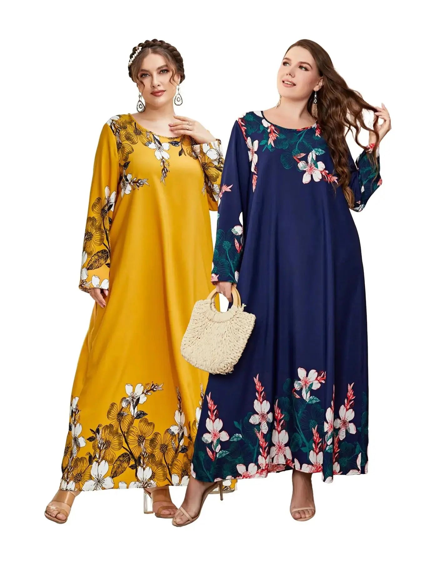 Women'S plus Size Floral Print Long Sleeve round Neck Tunic Dress, Casual Loose Long Dress for Daily Wear, Ladies Fashion Clothes for Autumn