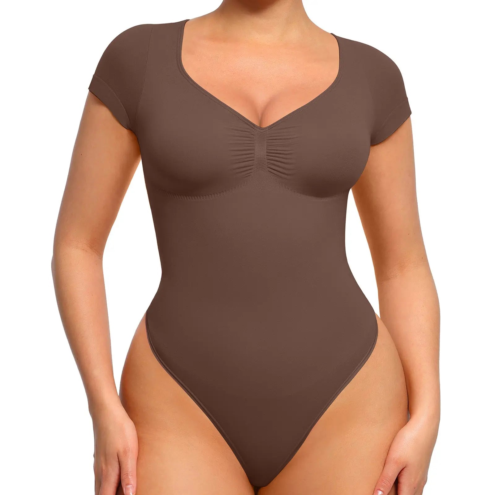 Feelingirl #LIVE Women'S Short Sleeve Bodysuit for Tummy Control V Neck Seamless Body Suits Thong Going Out Tops